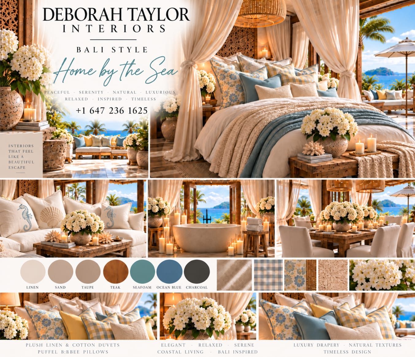 Bali-style coastal interiors mood board by Deborah Taylor Interiors: bedroom, living room, stone bath, and dining space in linen, teak, and ocean tones.