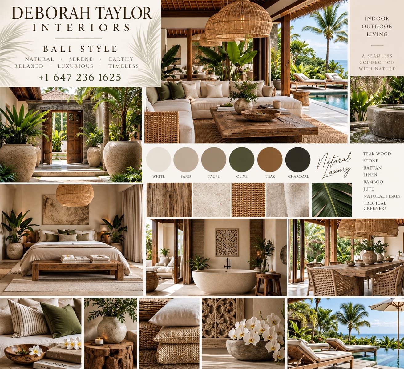 Coastal living mood board by Deborah Taylor Interiors showing a teak-ceilinged living room, stone planters, and a poolside terrace.